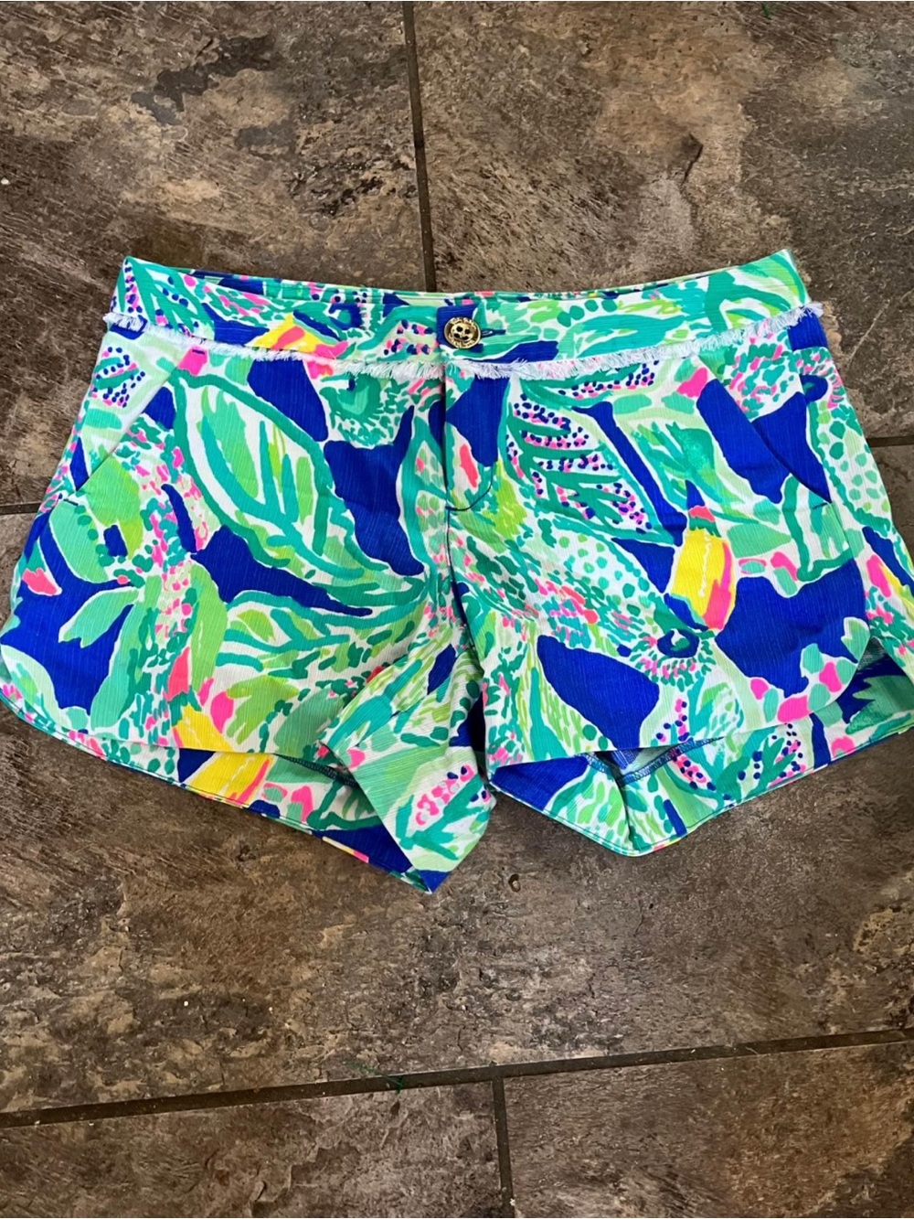 Lilly Pulitzer Bright Tropical Print Jean Shorts in Blue, Green, Pink